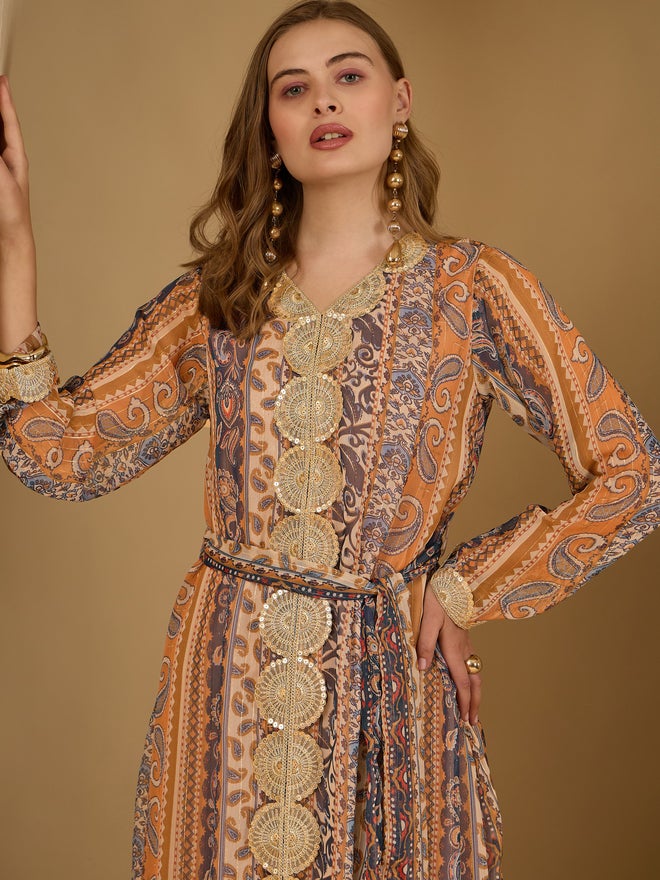 Styli Amirah Paisley Print Lace Trim Jalabiya with Fabric Belt  - Image 4