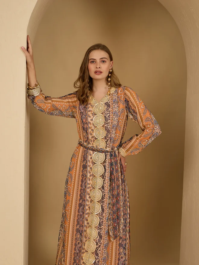 Styli Amirah Paisley Print Lace Trim Jalabiya with Fabric Belt