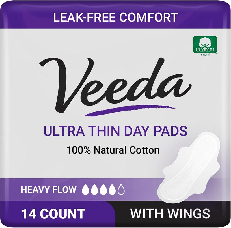 Veeda Veeda Ultra-Thin Absorbent Day Pads with 100% Natural Cotton Top Sheet are Always Chlorine and Fragrance Free, Hypoallergenic, Sanitary Napkins, 14 Count