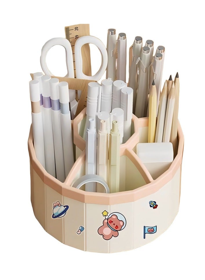 Pen Holder for Desk, Storage Function，360°Rotating Pencil Pen Holder,Pen Organizer with 6 Slots, Large-capacity Desk Organizer,Office, School, Home Use (Beige) - Image 1
