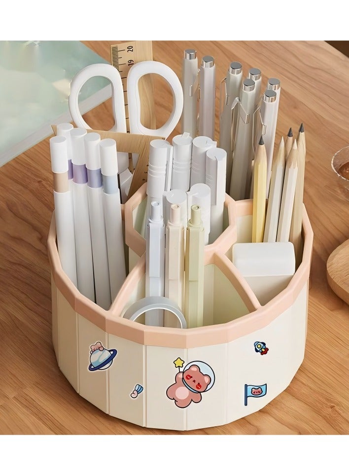 Pen Holder for Desk, Storage Function，360°Rotating Pencil Pen Holder,Pen Organizer with 6 Slots, Large-capacity Desk Organizer,Office, School, Home Use (Beige) - Image 2