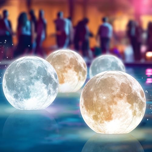 TIALLY Full Moon Floating Pool Lights Solar Powered - 14", That Float, Inflatable Waterproof Led Light Balls, Swimming Pool Accessories for Inground Pools, Party Decor for Outdoor (4 Pack) - Image 1