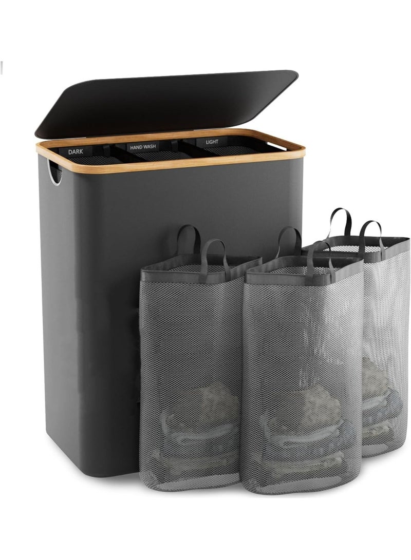 RATSAW Laundry Basket 3 Section Extra Large Laundry Hampers With Lid Laundry Laundry Bag Divided Hamper With Removable Bags Foldable for Bathroom Bedroom Grey 160 L - Image 1