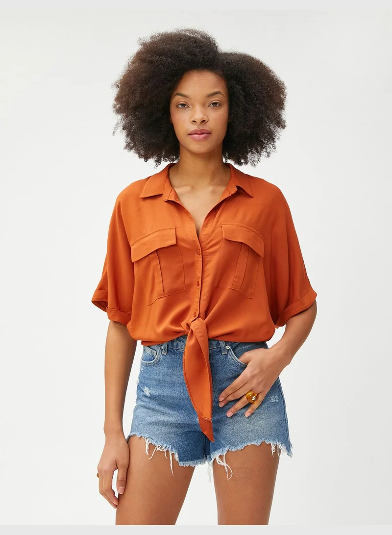 كوتون Tie Detail Short Sleeve Viscose Crop Shirt