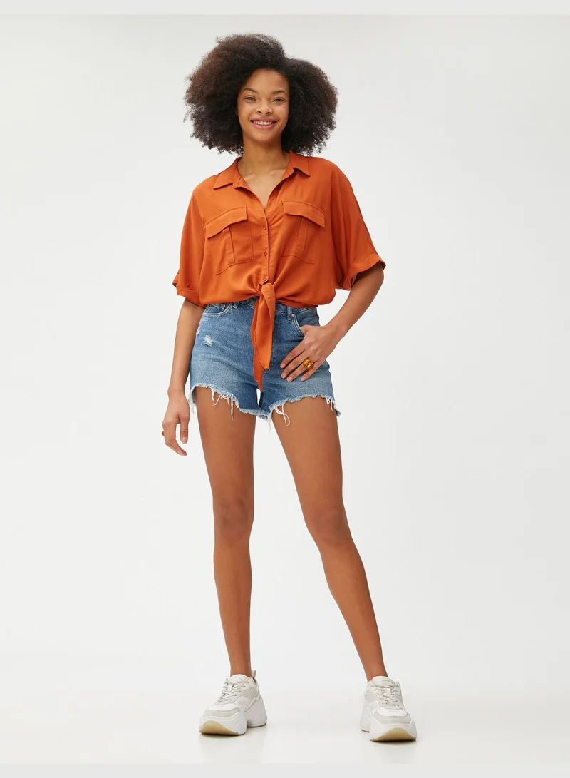 كوتون Tie Detail Short Sleeve Viscose Crop Shirt