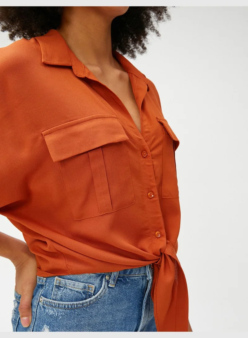 كوتون Tie Detail Short Sleeve Viscose Crop Shirt