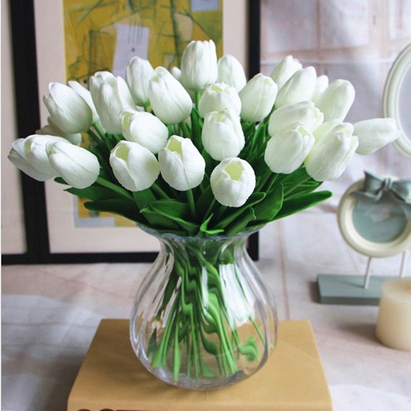 PU Fake Tulips Real Touch Artificial Flowers 10Pcs Flower Arrangement Bouquet for Home Office Wedding Decoration White