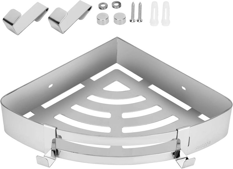304 Stainless Steel Hollow Triangular Corner Shelf, Bathroom Storage Rack, Shampoo Organizer with Hooks and Screws, Wall Mounted Space Saving Shelf for Bathroom, Kitchen, Toilet - Image 1
