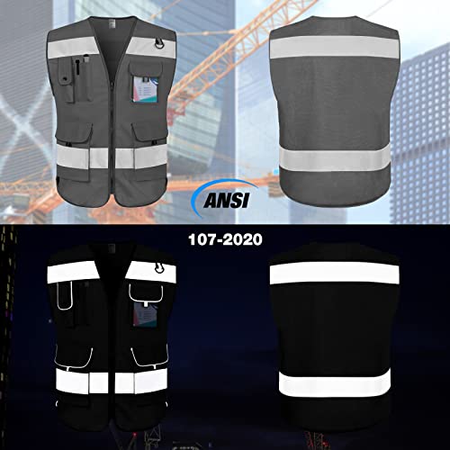 TCCFCCT Grey Safety Vest for Men Women 9 Pockets High Visibility Reflective Vest for Safety, Work Vest with Reflective Strips, Meets ANSI/ISEA Standards, Large - Image 2