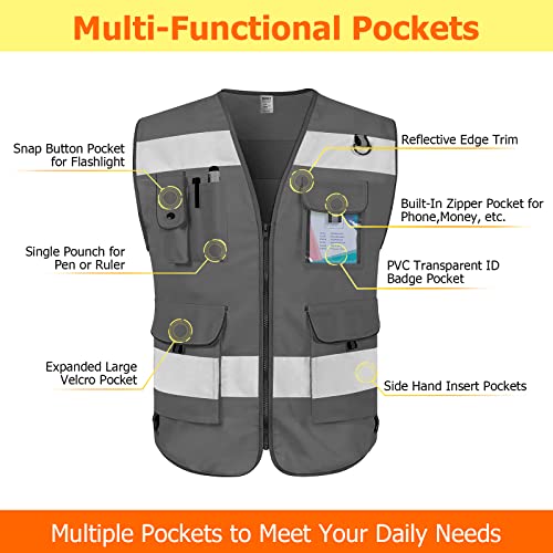TCCFCCT Grey Safety Vest for Men Women 9 Pockets High Visibility Reflective Vest for Safety, Work Vest with Reflective Strips, Meets ANSI/ISEA Standards, Large - Image 3