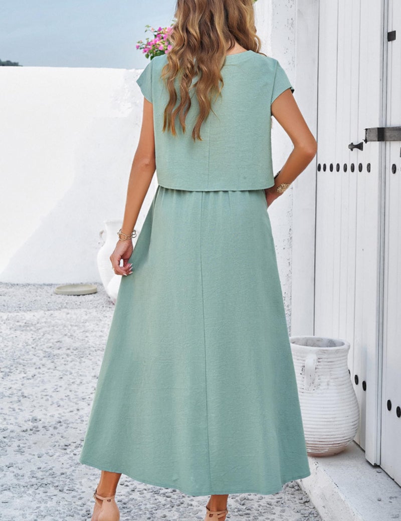 HangNiFang Summer Skirt Sets Women 2 Piece Outfits Cap Sleeve Top Elastic Waist Maxi Dress Sets with Pockets(1218-GreenX2-M) - Image 3