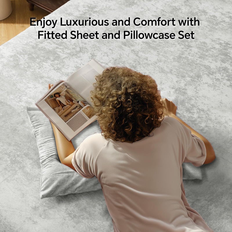 BEDELITE Velvet Fitted Sheet and Pillowcases Set, Luxury Soft Fuzzy Bottom Sheet with Reinforced Elastic Corner Straps, Deep Pocket up to 15 Inch, 1 Fitted Sheet and 2 Pillowcases (Full, Light Grey) - Image 2