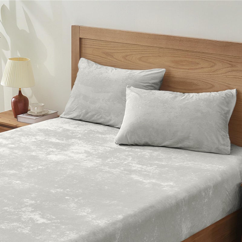 BEDELITE Velvet Fitted Sheet and Pillowcases Set, Luxury Soft Fuzzy Bottom Sheet with Reinforced Elastic Corner Straps, Deep Pocket up to 15 Inch, 1 Fitted Sheet and 2 Pillowcases (Full, Light Grey) - Image 1