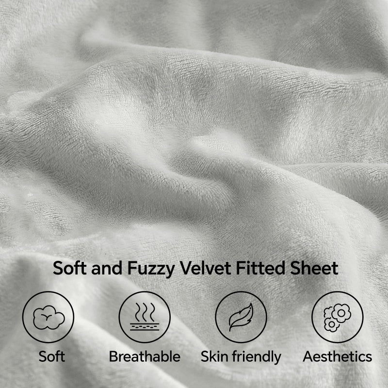 BEDELITE Velvet Fitted Sheet and Pillowcases Set, Luxury Soft Fuzzy Bottom Sheet with Reinforced Elastic Corner Straps, Deep Pocket up to 15 Inch, 1 Fitted Sheet and 2 Pillowcases (Full, Light Grey) - Image 3