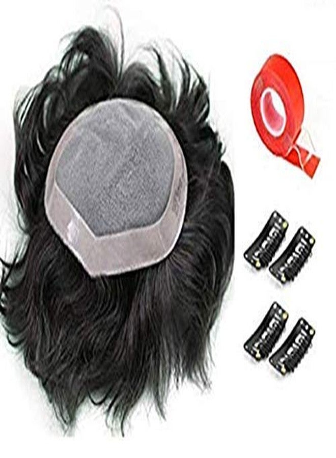 إيكان شعر مستعار من إيكان مصنوع من شعر بشري طبيعي للرجال والفتيان مع شريط أحمر صغير مجاني + 4 مشابك شعر مستعار (بني أسود طبيعي) (8 * 6) - Image 1