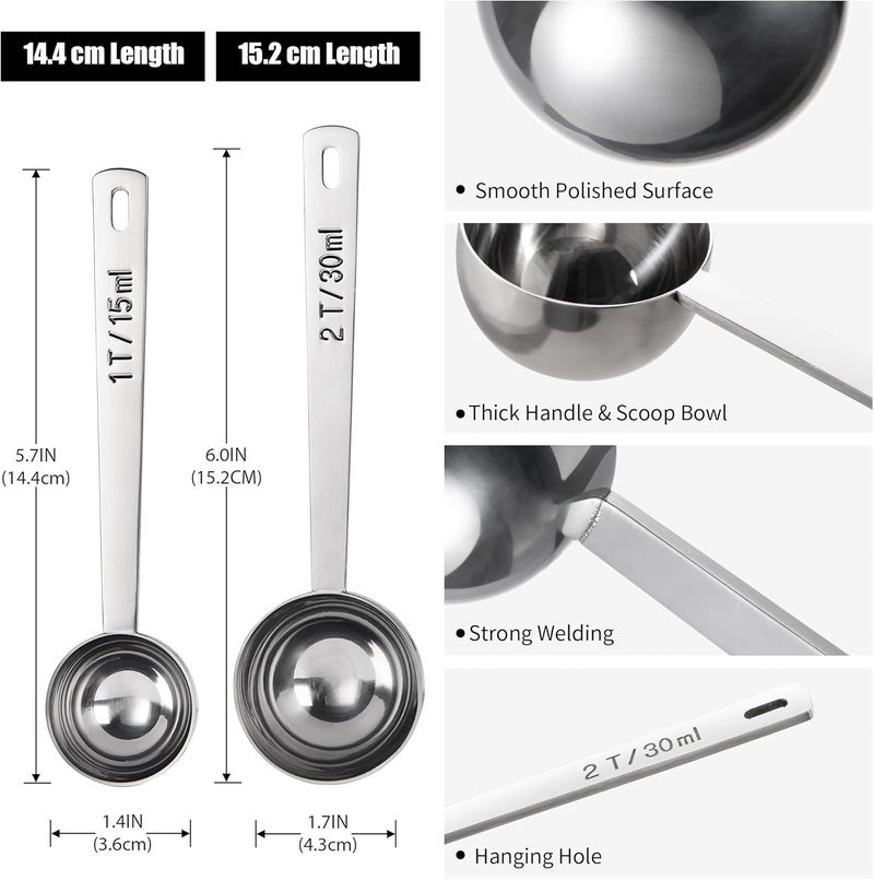 Doosu Metal Coffee Measuring Scoop, Food-Grade 18/8 Stainless Steel Coffe Beans Spoon with 10.8cm Long Handle, Tablespoon Scooper for Ground Cofee, Espresso, Protein Powders, Tea, Sugar (1 & 2 Tbsp) - Image 2