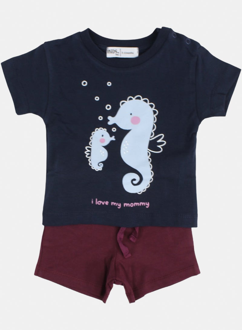 Baby Girls Cotton Pajama – Navy with "I Love My Mommy" Print