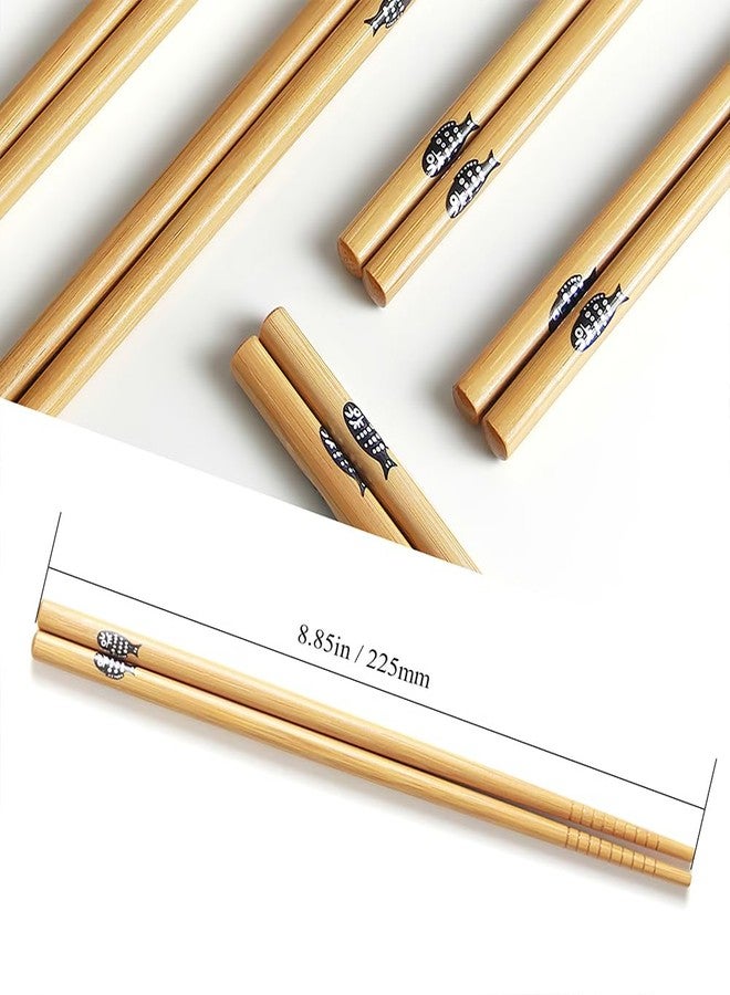 AOOSY 5-Pair Reusable Natural Bamboo Chopsticks, AOOSY Classic Japanese Style Chop Sticks Gift Set, Dishwasher Safe, Hand-Carved 8.8 Inch/22.5cm (Fish Pattern Chopsticks with box) - Image 2