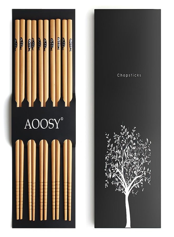 AOOSY 5-Pair Reusable Natural Bamboo Chopsticks, AOOSY Classic Japanese Style Chop Sticks Gift Set, Dishwasher Safe, Hand-Carved 8.8 Inch/22.5cm (Fish Pattern Chopsticks with box) - Image 1