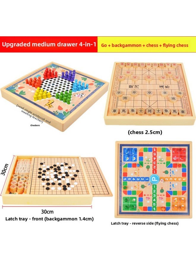 Generic - Checkers Flying Chess Gobang Colosseum Chess Multifunctional Chess Children Elementary School Chess Educational Wooden 61 Toy-Color:30*30cm Four-in-one Model B (draughts + Backgammon + Flying Chess + Chess) - Image 1