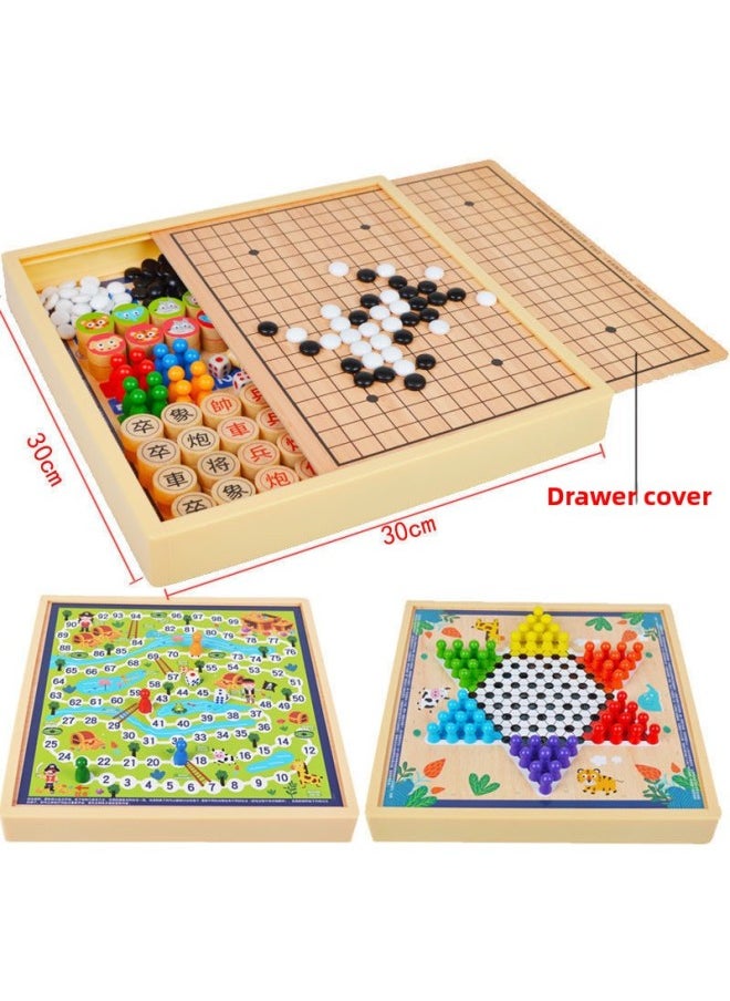 Generic - Checkers Flying Chess Gobang Colosseum Chess Multifunctional Chess Children Elementary School Chess Educational Wooden 61 Toy-Color:30*30cm Four-in-one Model B (draughts + Backgammon + Flying Chess + Chess) - Image 1