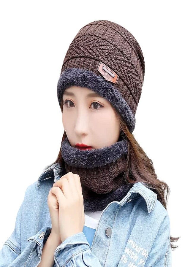EMPOISON Winter Woollen Cap & Neck Warmer (Scarf) Set for Women | Inside Fur Wool Beanie Cap with Neck Warmer/Muffler | Warm Hat| Air Proof Cap | Knit Hat with Thick Fleece (Brown) - Image 1