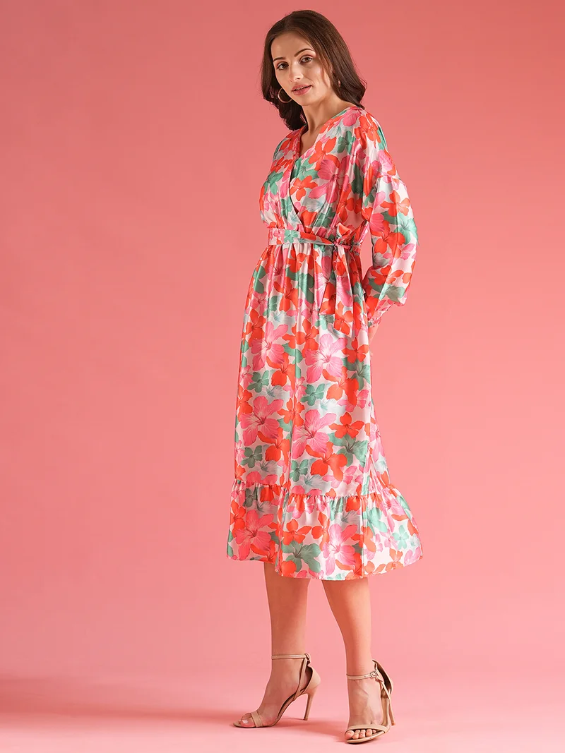 globus Globus Women Red Floral Print Satin Tie-Ups Midi Dress