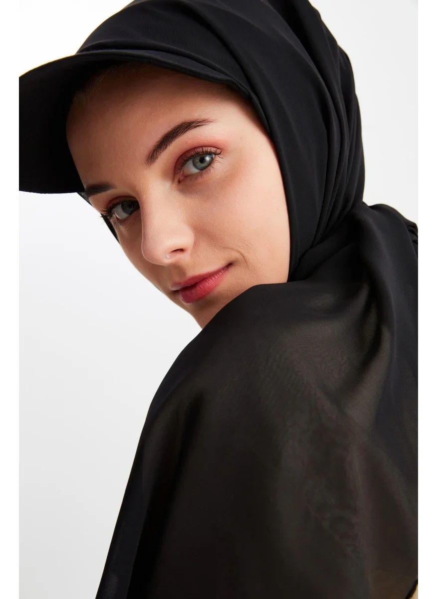 Butikgiz Black Women's Hijab Multi Chiffon Silky Shawl and Cotton Combed Half Visor Tennis Style Hat Pair - Comfortable, Extra Light