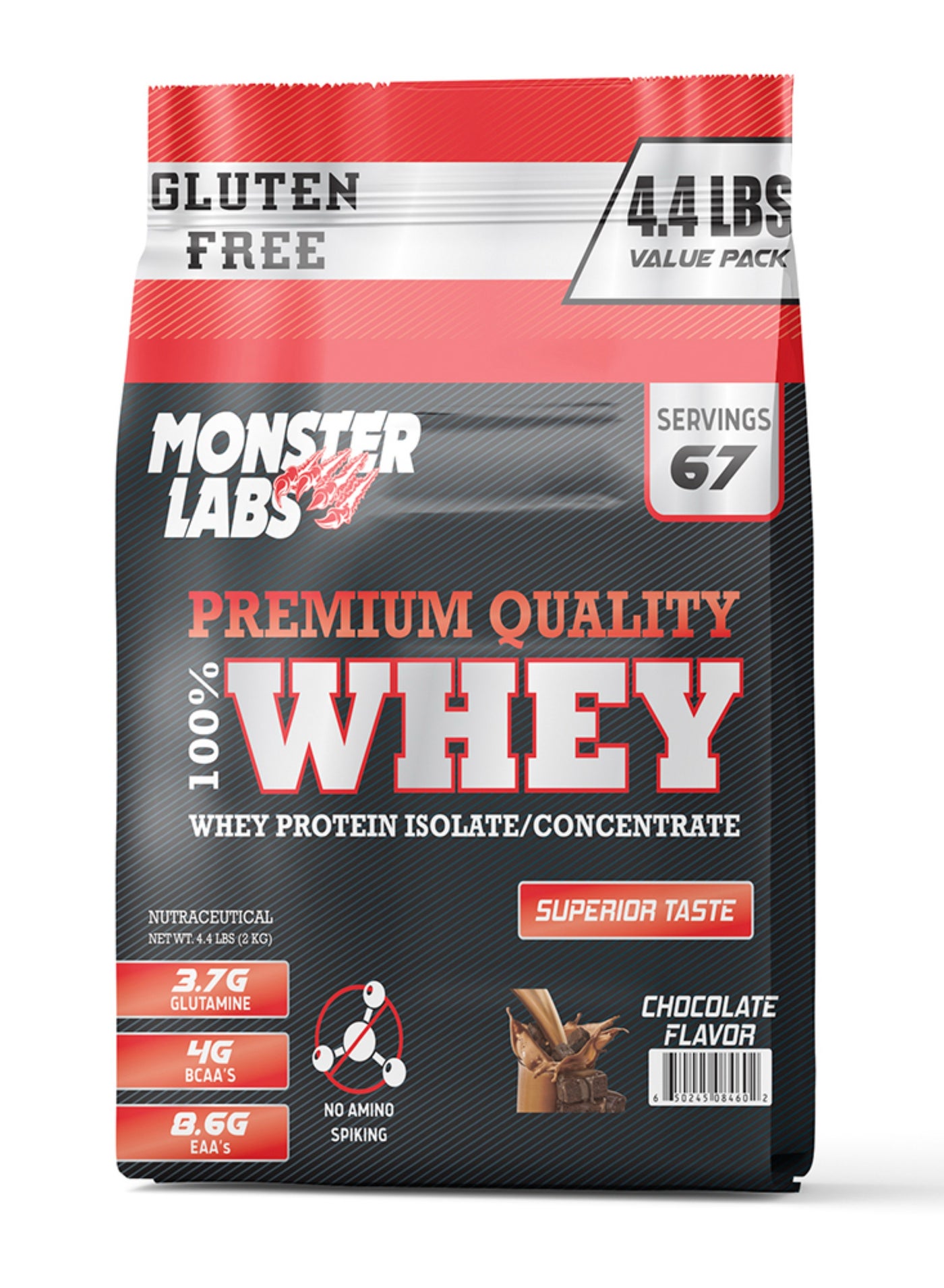 Monster Labs 100% Whey Protein Powder Primary Source Isolate, 23 Grams of Protein for Muscle Support and Recovery - Chocolate, 4.4 Lbs, 67 Servings