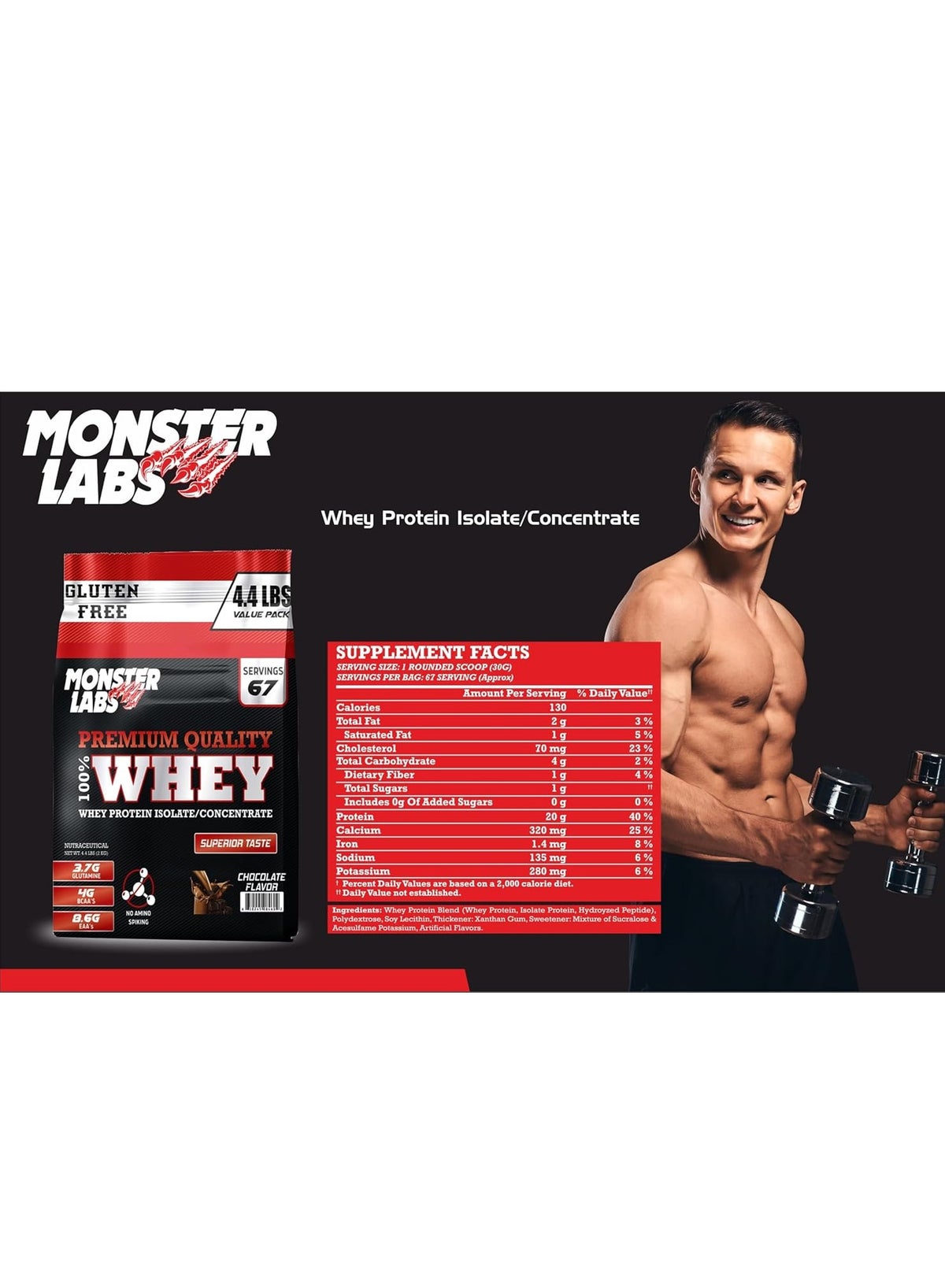 Monster Labs Chocolate 100% Whey Protein 4.4lb