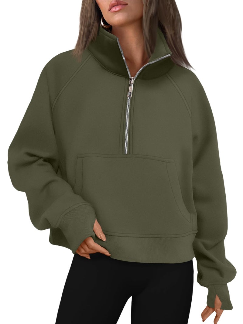 AUTOMET Womens Sweatshirts Half Zip Cropped Pullover Fleece Quarter Zipper Sweater Hoodies 2026 Fall Fashion Outfits Clothes ArmyGreen X-Large - Image 1
