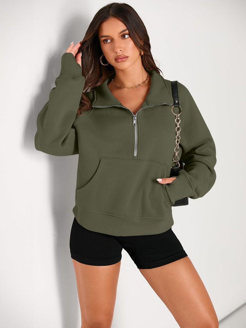AUTOMET Womens Sweatshirts Half Zip Cropped Pullover Fleece Quarter Zipper Sweater Hoodies 2026 Fall Fashion Outfits Clothes ArmyGreen X-Large - Image 2