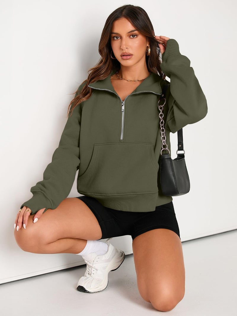 AUTOMET Womens Sweatshirts Half Zip Cropped Pullover Fleece Quarter Zipper Sweater Hoodies 2026 Fall Fashion Outfits Clothes ArmyGreen X-Large - Image 4