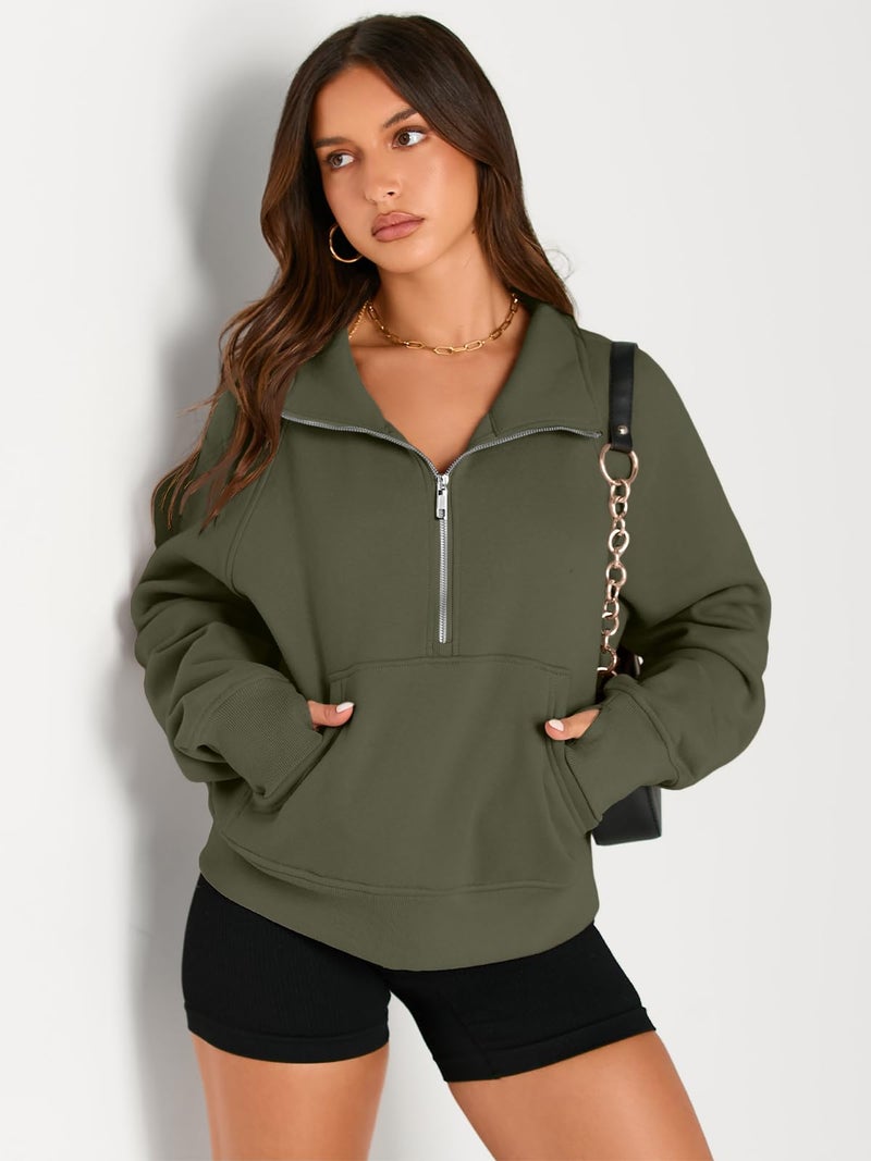 AUTOMET Womens Sweatshirts Half Zip Cropped Pullover Fleece Quarter Zipper Sweater Hoodies 2026 Fall Fashion Outfits Clothes ArmyGreen X-Large - Image 3