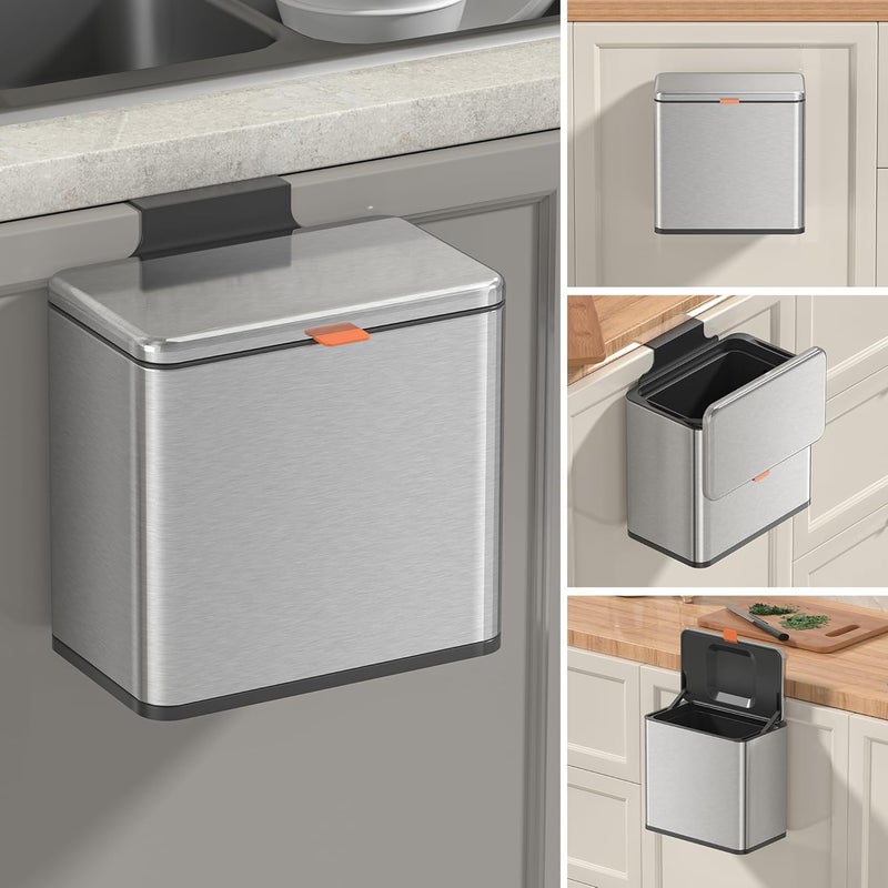 Mbillion Kitchen Compost Bin Hanging Trash Can with Lid 1.05 Gallon Stainless Steel Garbage Can for Kitchen Cabinet Door Mounted Trash Can Under Sink Door RV Bathroom,Silver - Image 1