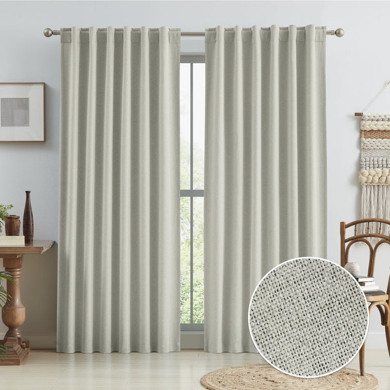 KEQIAOSUOCAI KEQIAOSUOCAI 90 Inch Blackout Curtains Hook Tape Belt Back Tab Cotton Farmhouse Linen Curtains Track Style Pleated Curtain Drapes for Living Room Greyish Beige 50 by 90 Inches Long 2 Panels 