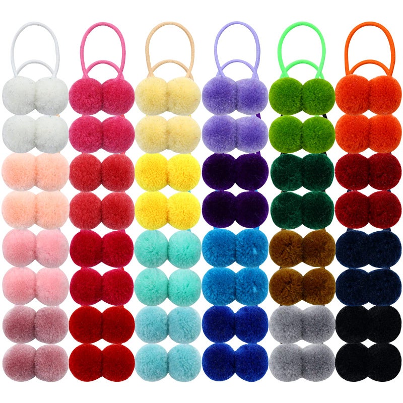 Dizila 48 Pieces24 Pairs Candy Colors Cute Small Fuzzy Pompom Hair Ties Scrunchies Pom Pom Elastics Pigtail Ponytail Holders Fluffy Balls Rubber Bands Ropes Hair Accessories for Baby Girls Kids