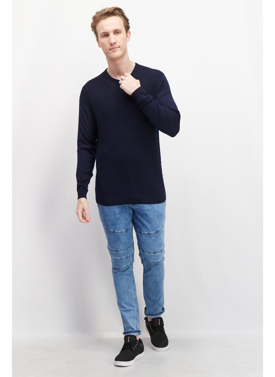 Sorbino Men Crew Neck Long Sleeve Textured Sweatshirt, Navy Blue  - Image 3
