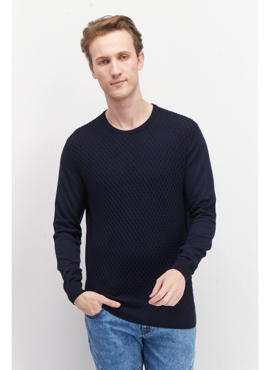 Sorbino Men Crew Neck Long Sleeve Textured Sweatshirt, Navy Blue  - Image 1