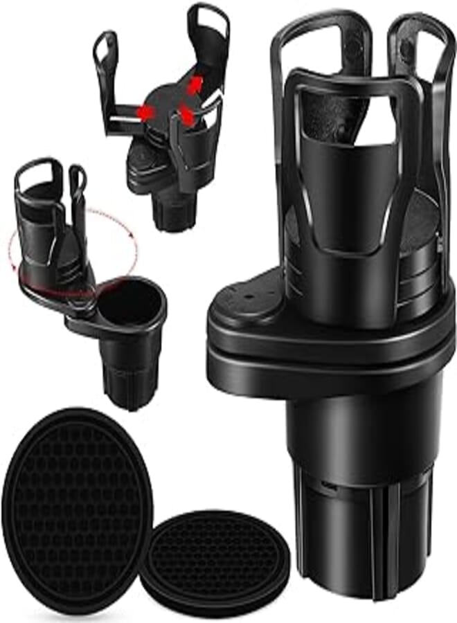 2 in 1 Multifunctional Car Cup Holder and 2 Car Cup Holder Coaster, Vehicle Mounted Water Cup Drink Holder Universal Adapter with 360 Degree Rotatable Base (Black,with Diamond Coaster)