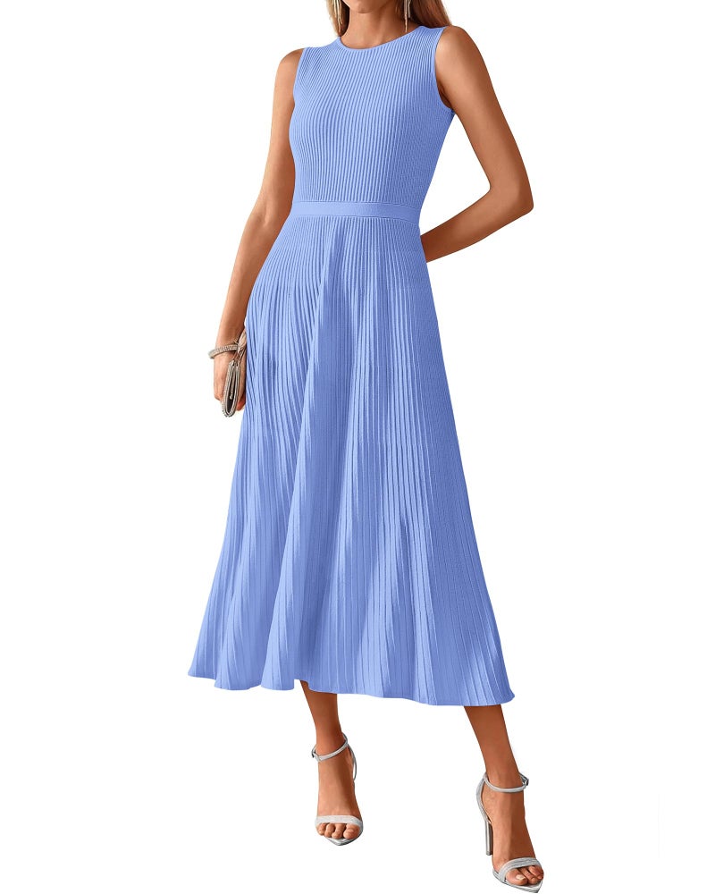 BTFBM Women Tank Midi Dress Summer Crewneck Sleeveless Pleated A Line Business Casual Formal Sweater Spring Dresses 2026(Sky Blue, Medium) - Image 1