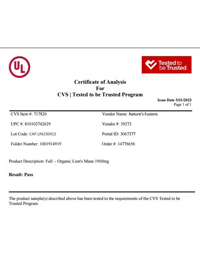 Nature'S Fusions كبسولات مكملات فطر ليوينغ من ناتشرز فيوجنز - 1900 ملغ، 10:1 استخراج مزدوج، 120 حبة - مستخلص فطر (الجسم المثمر) - مختبر من طرف ثالث - Image 2