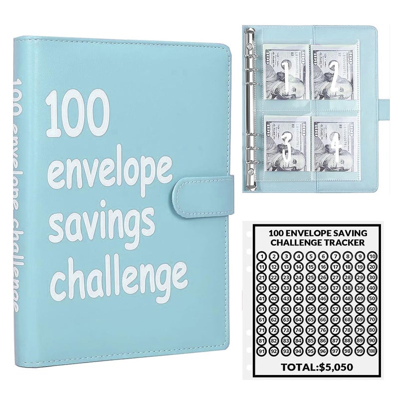 AASLOB 100 Envelopes Money Saving Challenge, 100 Envelope Challenge Binder, Easy and Fun Way to Save $5,050, Savings Challenges Budget Book Binder with Cash Envelopes for Office,Home,School (Blue) - Image 1