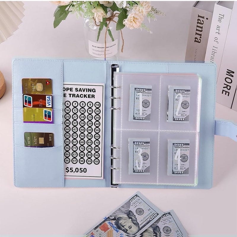 AASLOB 100 Envelopes Money Saving Challenge, 100 Envelope Challenge Binder, Easy and Fun Way to Save $5,050, Savings Challenges Budget Book Binder with Cash Envelopes for Office,Home,School (Blue) - Image 4