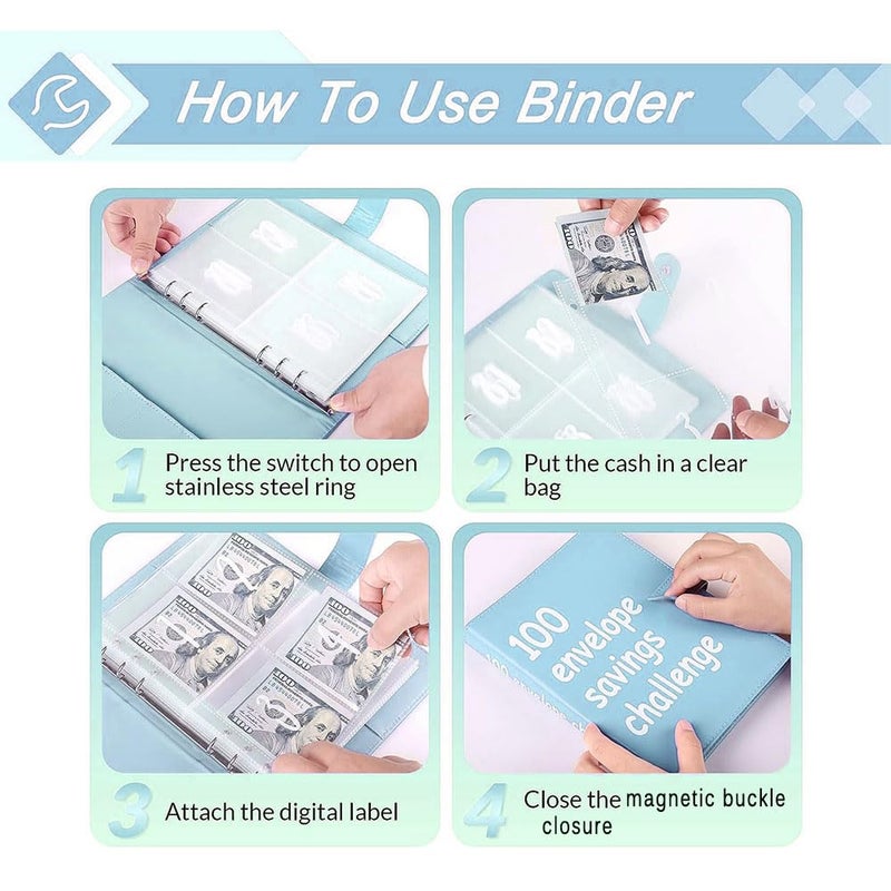 AASLOB 100 Envelopes Money Saving Challenge, 100 Envelope Challenge Binder, Easy and Fun Way to Save $5,050, Savings Challenges Budget Book Binder with Cash Envelopes for Office,Home,School (Blue) - Image 3
