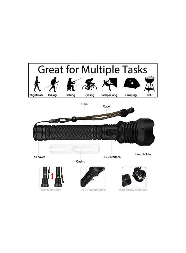 USB Rechargeable LED Flashlight, 8000 Lumens XHP70 Super Bright Adjustable Focus Waterproof Flashlight with 3 Lighting Modes for Fishing Camping (Battery Included) - Image 2