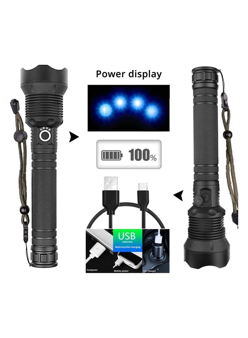 USB Rechargeable LED Flashlight, 8000 Lumens XHP70 Super Bright Adjustable Focus Waterproof Flashlight with 3 Lighting Modes for Fishing Camping (Battery Included) - Image 3
