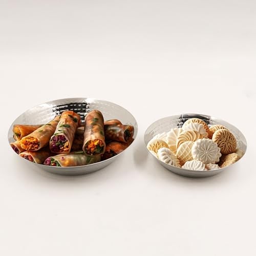 Spillbox Stainless Steel Hammered Parat Lunch Plate Set - Quarter, Snack, Nasta, Dessert, Side Dish - Mirror Finish, BPA Free - Set of 2 - Image 2