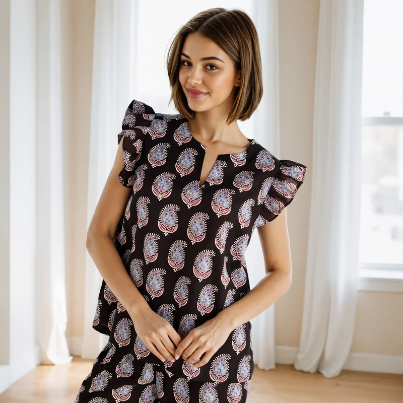Splash FAV Printed Pyjama Set with Ruffle Sleeves