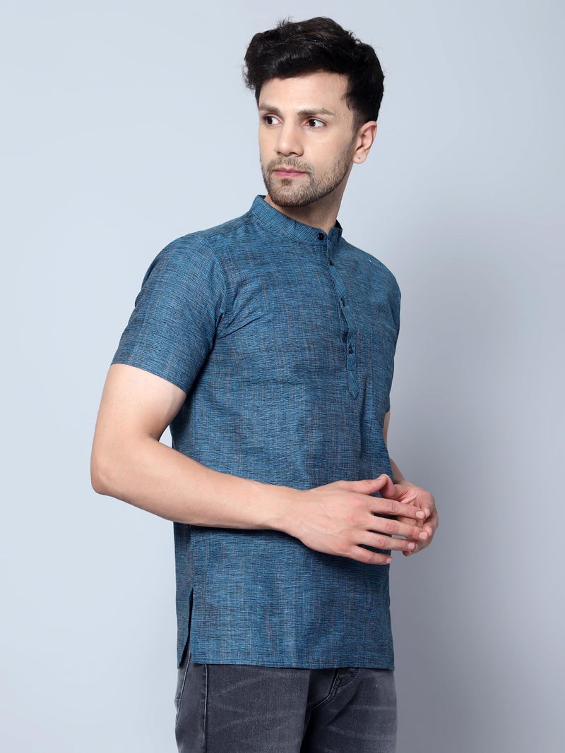 LATEST CHIKAN Men's Cotton Blend Regular Textured Short Kurta Half Sleeves - Casual Ethnic Wear -SK-DBL-F-40 Light Blue - Image 3
